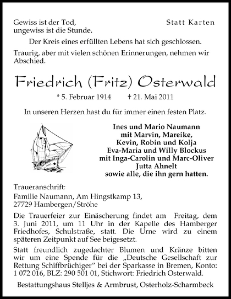 Traueranzeige von Friedrich (Fritz) Osterwald von WESER-KURIER