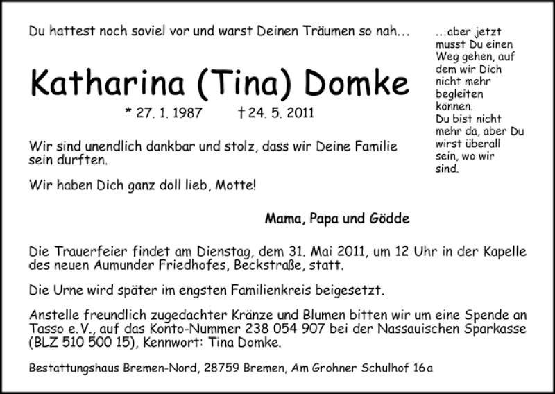 Traueranzeige von Katharina Domke von WESER-KURIER