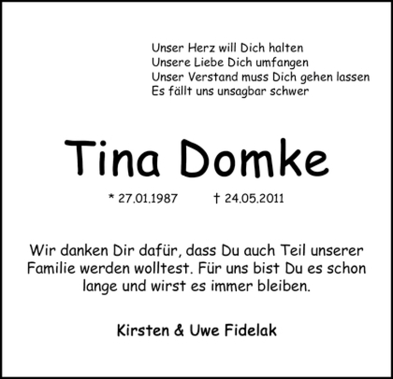 Traueranzeige von Tina Domke von WESER-KURIER