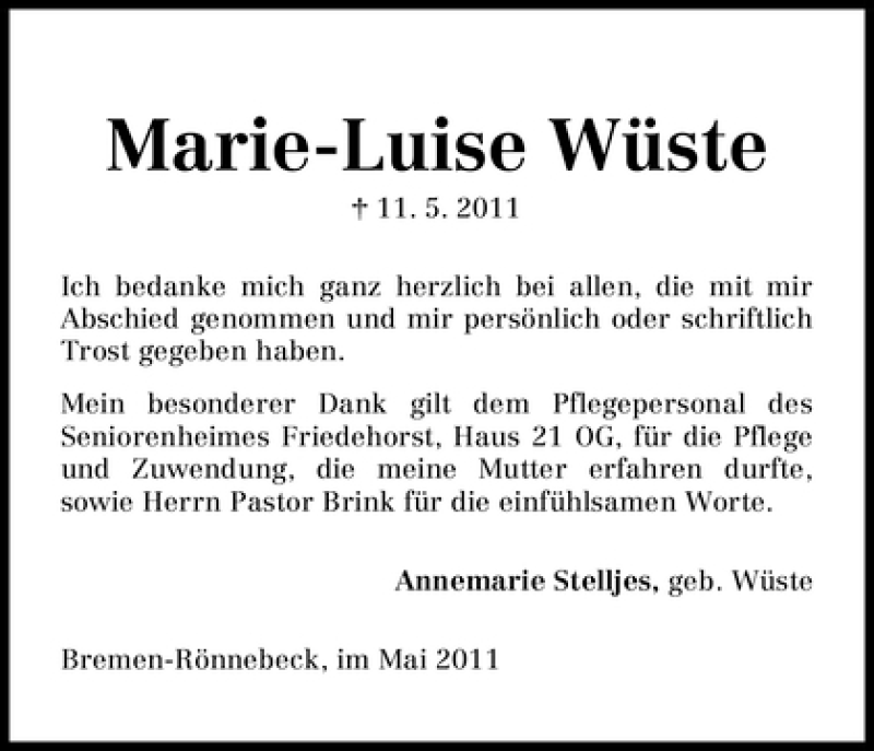 Traueranzeige von Marie-Luise Wüste von WESER-KURIER