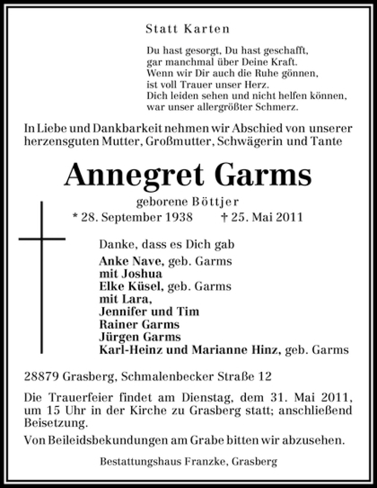 Traueranzeige von Annegret Garms von WESER-KURIER