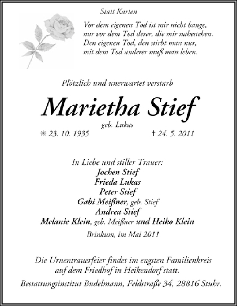 Traueranzeige von Marietha Stief von WESER-KURIER
