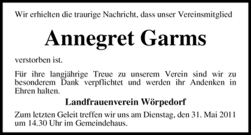 Traueranzeige von Annegret Garms von WESER-KURIER