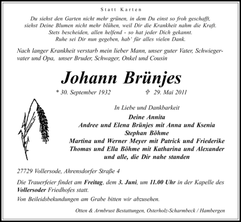 Traueranzeige von Johann Brünjes von WESER-KURIER