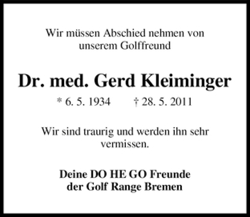 Traueranzeige von Gerd Kleiminger von WESER-KURIER