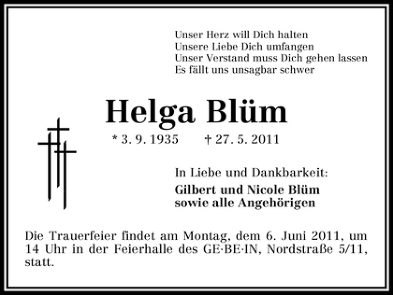 Traueranzeige von Helga Blüm von WESER-KURIER
