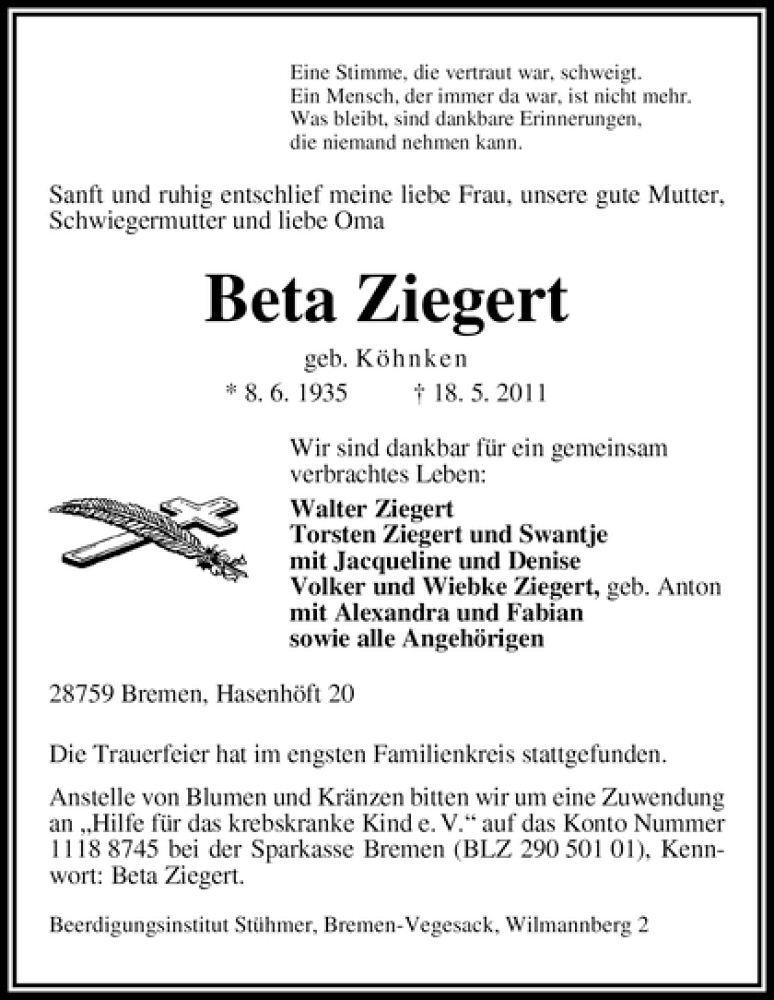 Traueranzeige von Beta Ziegert von WESER-KURIER