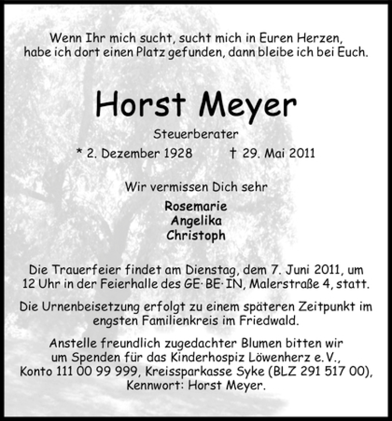 Traueranzeige von Horst Meyer von WESER-KURIER