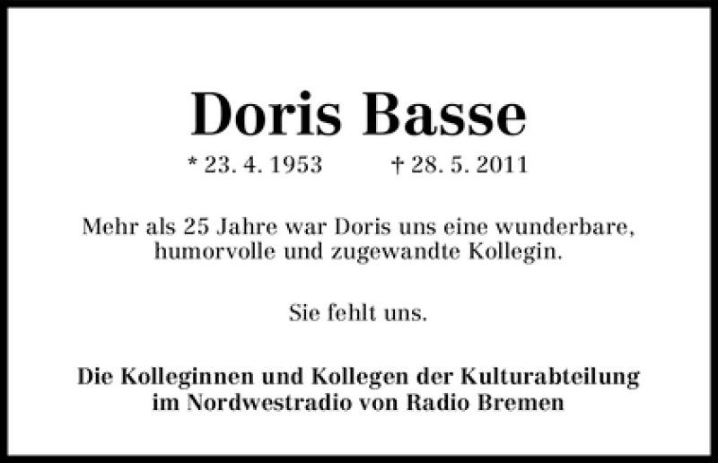 Traueranzeige von Doris Basse von WESER-KURIER