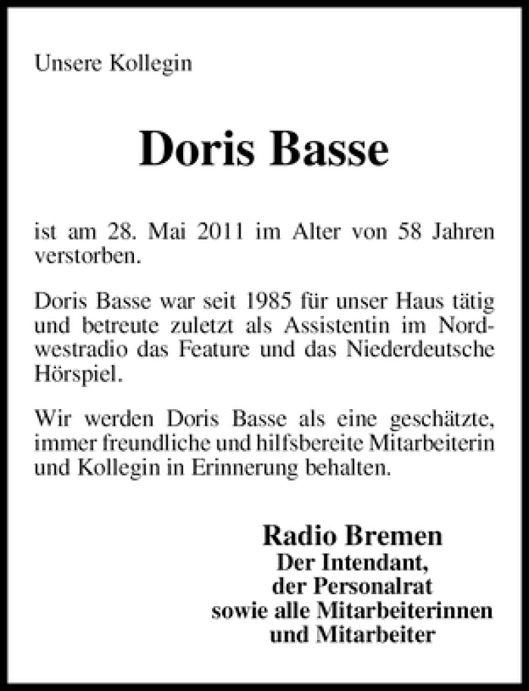 Traueranzeige von Doris Basse von WESER-KURIER