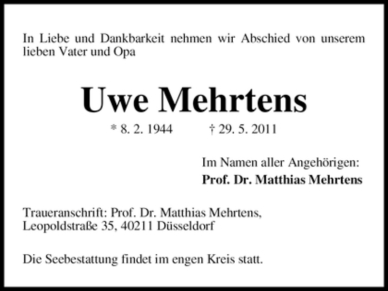 Traueranzeige von Uwe Mehrtens von WESER-KURIER