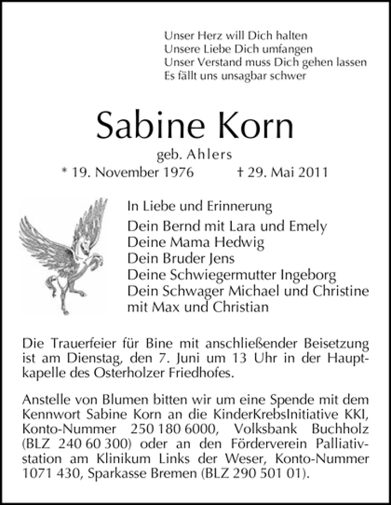 Traueranzeige von Sabine Korn von WESER-KURIER