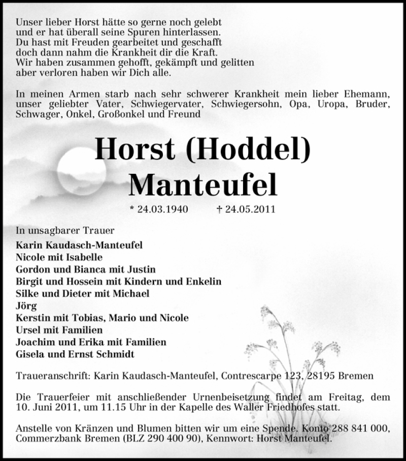 Traueranzeige von Horst Manteufel von WESER-KURIER