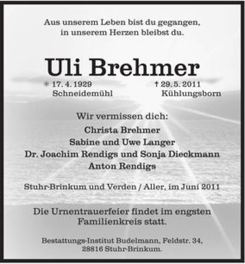 Traueranzeige von Uli Brehmer von WESER-KURIER