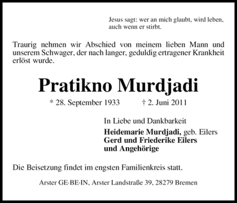Traueranzeige von Pratikno Murdjadi von WESER-KURIER