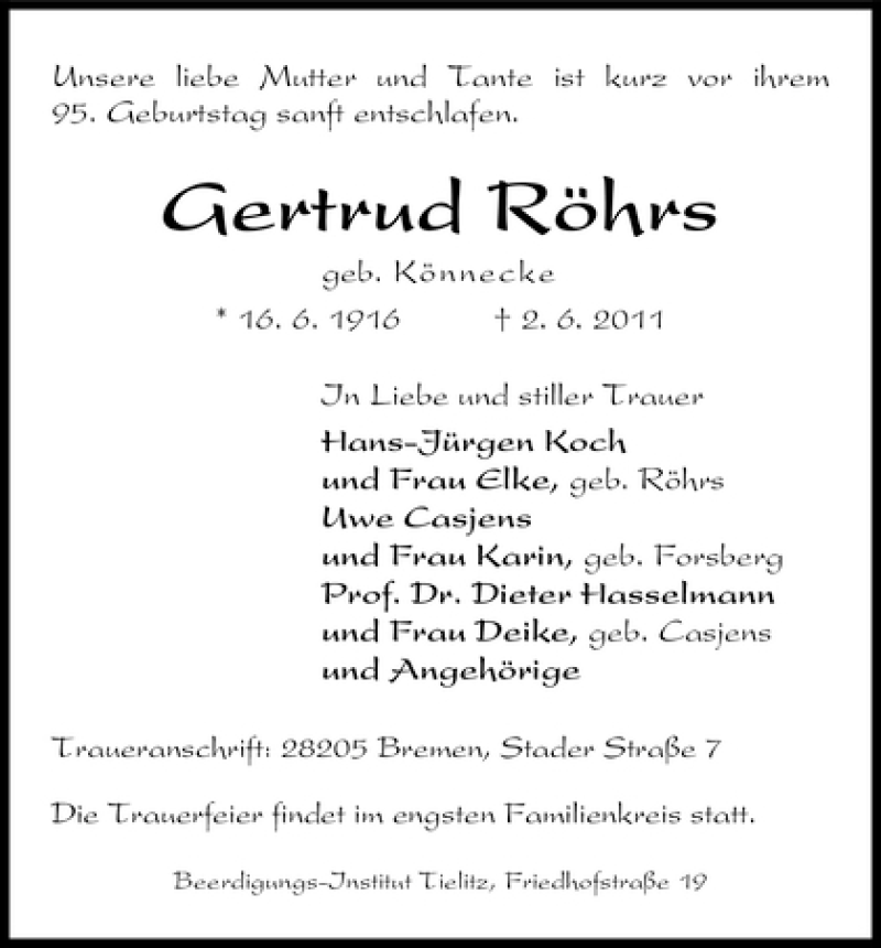 Traueranzeige von Gertrud Röhrs von WESER-KURIER