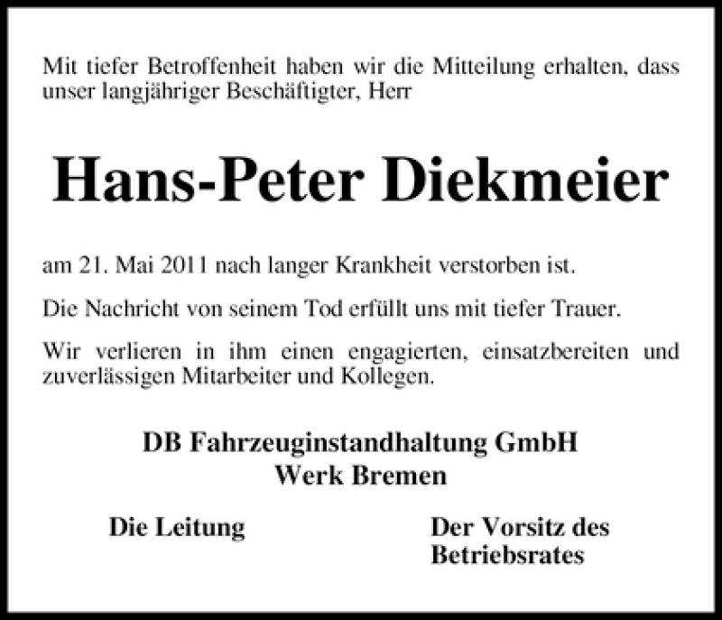 Traueranzeige von Hans-Peter Diekmeier von WESER-KURIER