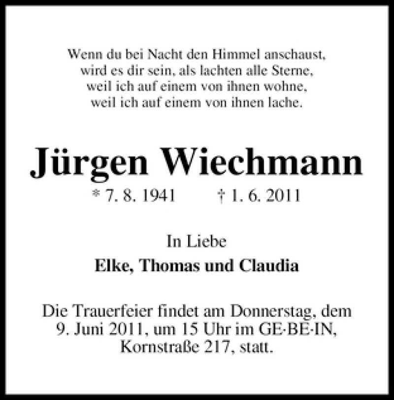 Traueranzeige von Jürgen Wiechmann von WESER-KURIER