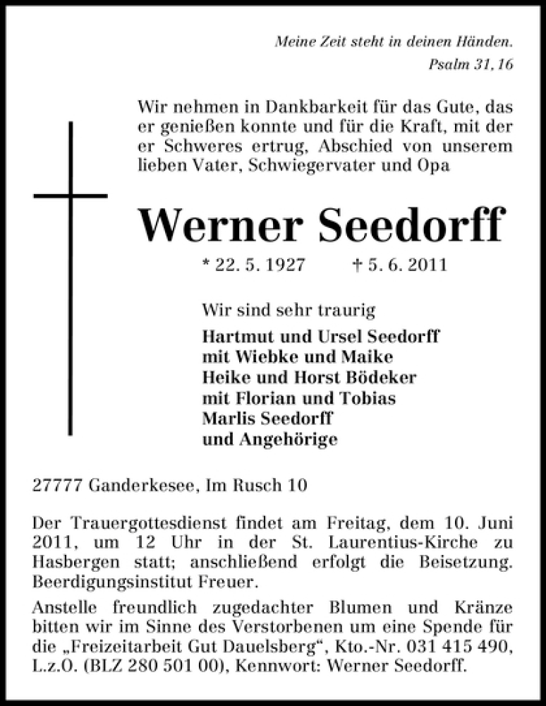 Traueranzeige von Werner Seedorff von WESER-KURIER