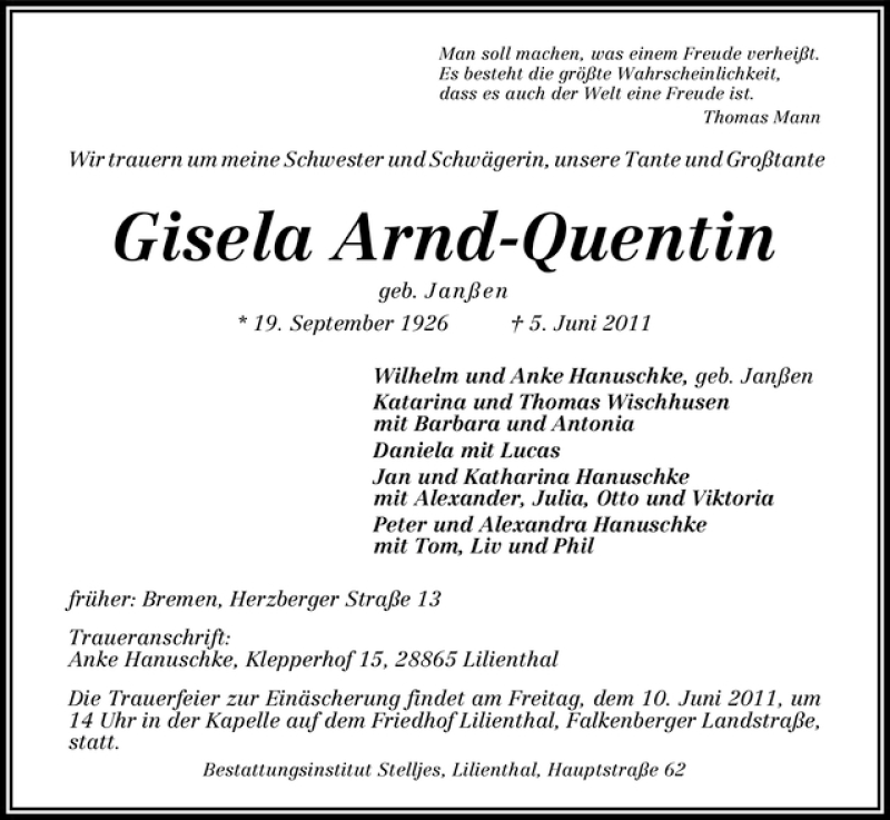 Traueranzeige von Gisela Arnd-Quentin von WESER-KURIER