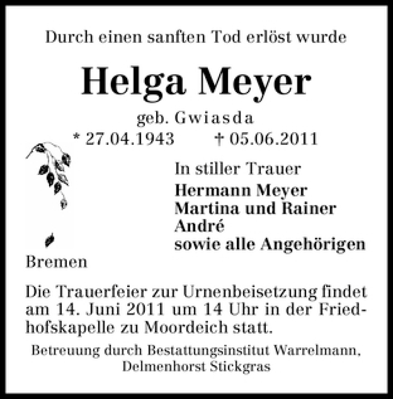 Traueranzeige von Helga Meyer von WESER-KURIER