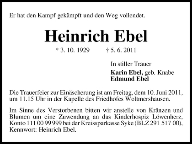 Traueranzeige von Heinrich Ebel von WESER-KURIER