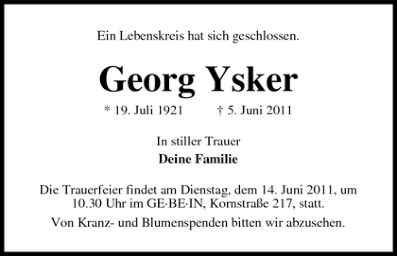Traueranzeige von Georg Ysker von WESER-KURIER