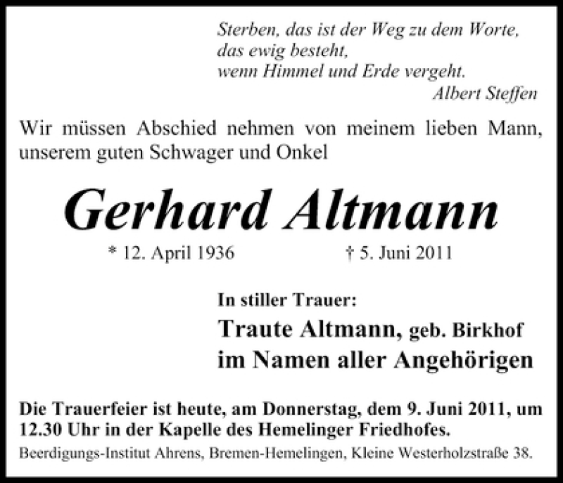 Traueranzeige von Gerhard Altmann von WESER-KURIER