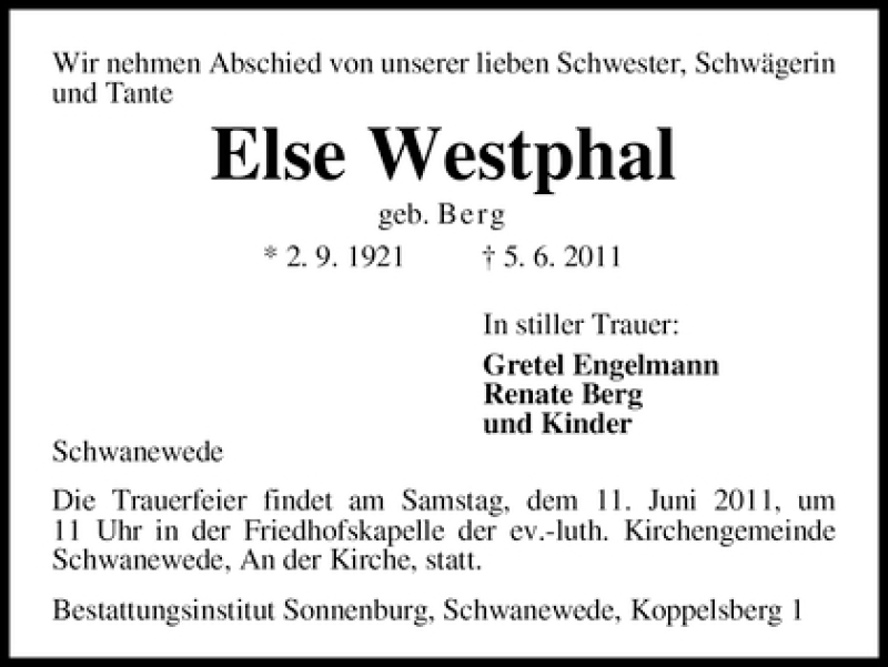 Traueranzeige von Else Westphal von WESER-KURIER
