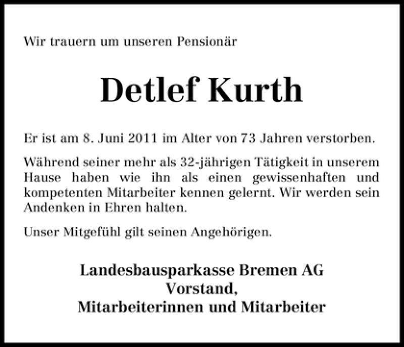 Traueranzeige von Detlef Kurth von WESER-KURIER