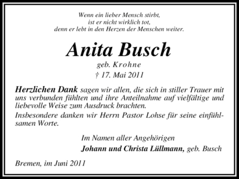 Traueranzeige von Anita Busch von WESER-KURIER