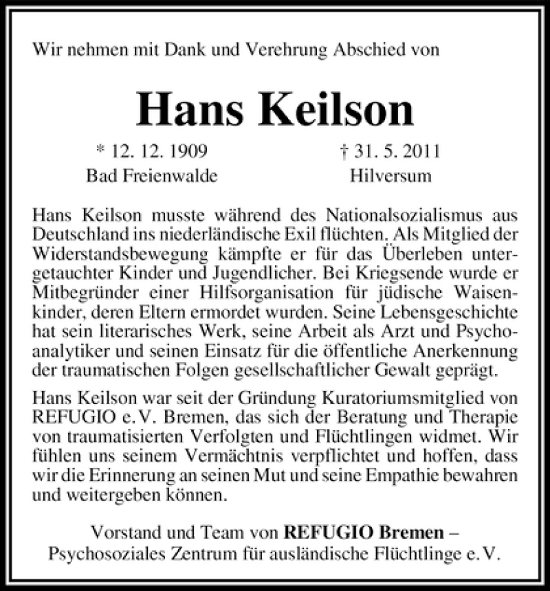 Traueranzeige von Hans Keilson von WESER-KURIER