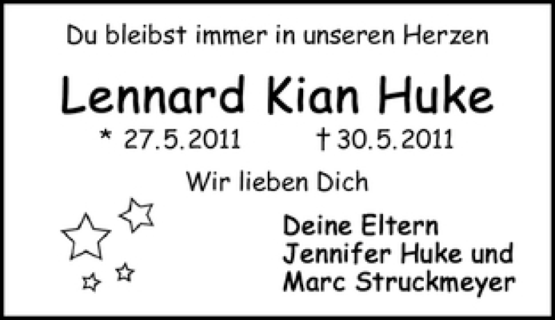 Traueranzeige von Lennard Kian Huke von WESER-KURIER