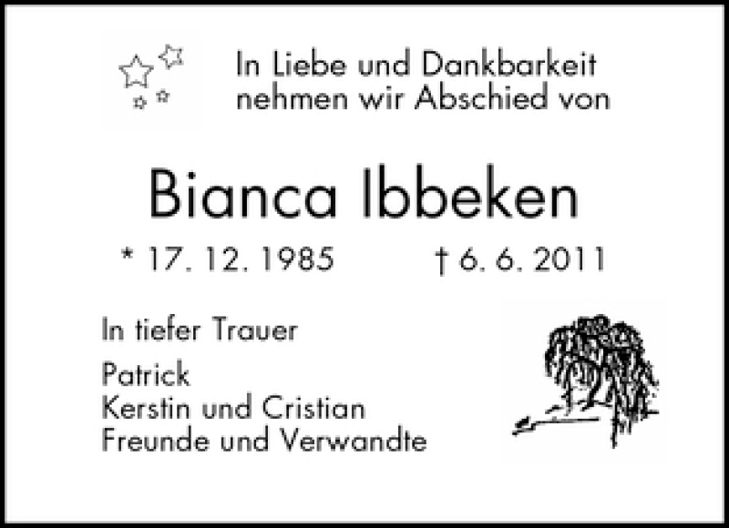 Traueranzeige von Bianca Ibbeken von WESER-KURIER