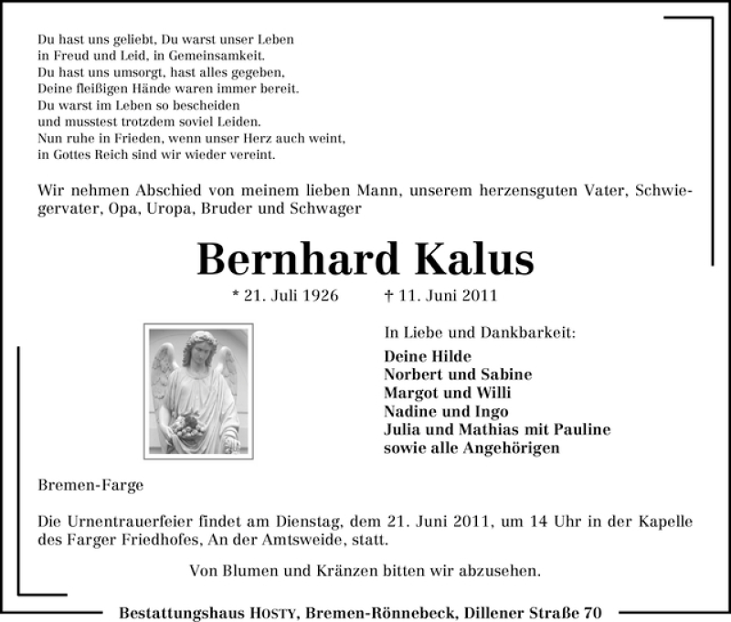 Traueranzeige von Bernhard Kalus von WESER-KURIER