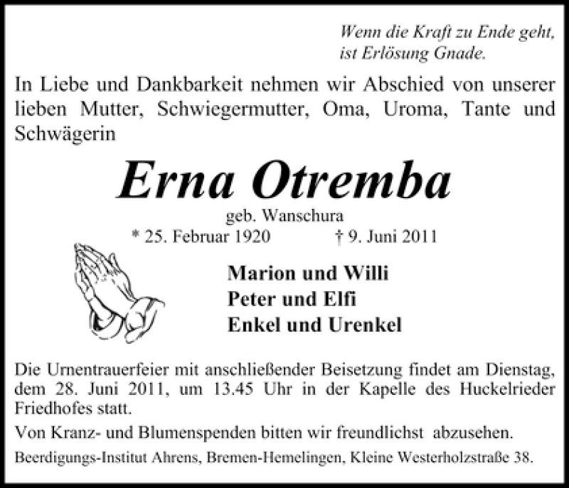 Traueranzeige von Erna Otremba von WESER-KURIER