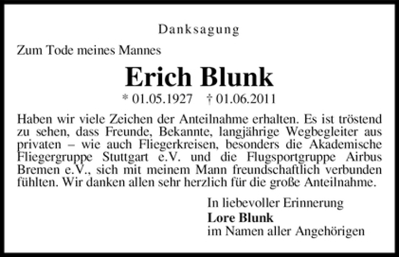 Traueranzeige von Erich Blunk von WESER-KURIER
