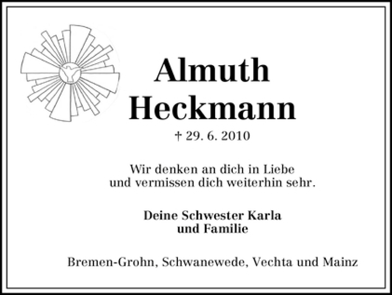 Traueranzeige von Almuth Heckmann von WESER-KURIER