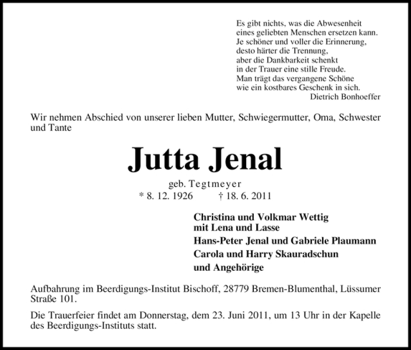 Traueranzeige von Jutta Jenal von WESER-KURIER