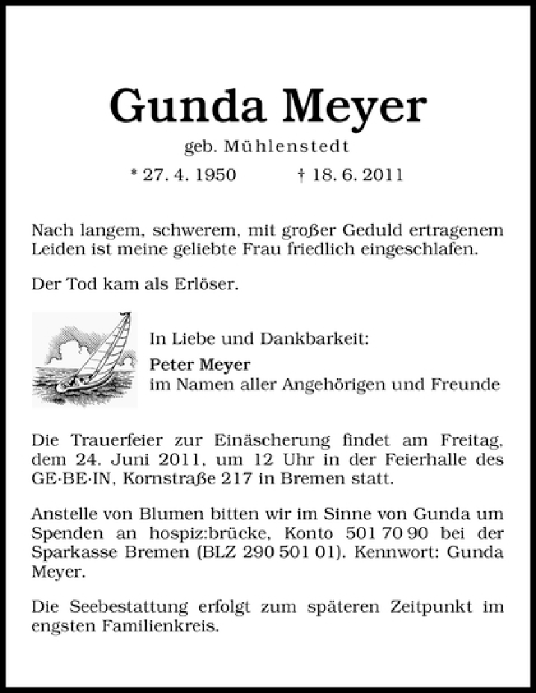 Traueranzeige von Gunda Meyer von WESER-KURIER