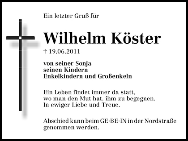 Traueranzeige von Wilhelm Köster von WESER-KURIER