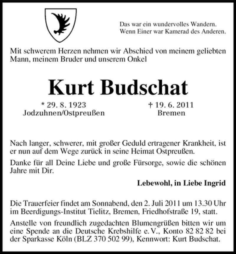 Traueranzeige von Kurt Budschat von WESER-KURIER