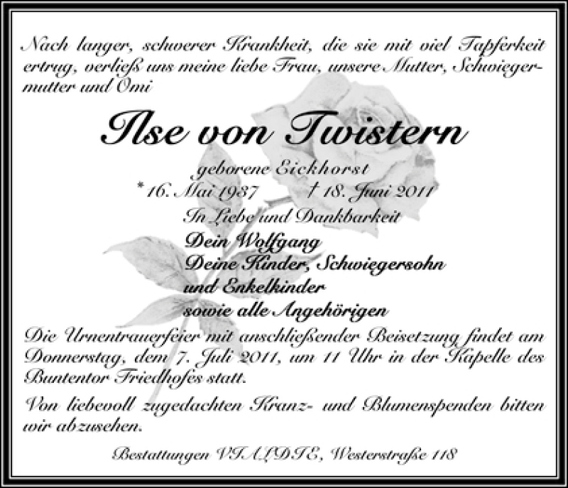 Traueranzeige von Ilse von Twistern von WESER-KURIER