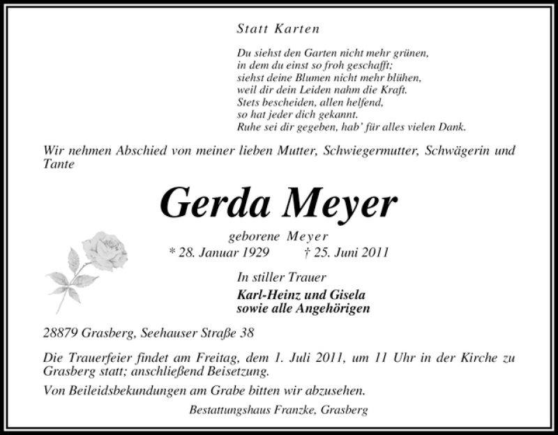 Traueranzeige von Gerda Meyer von WESER-KURIER