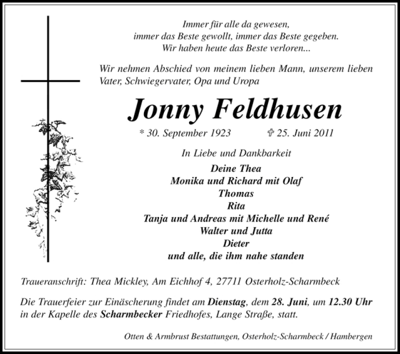 Traueranzeige von Jonny Feldhusen von WESER-KURIER