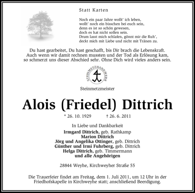 Traueranzeige von Alois Dittrich von WESER-KURIER
