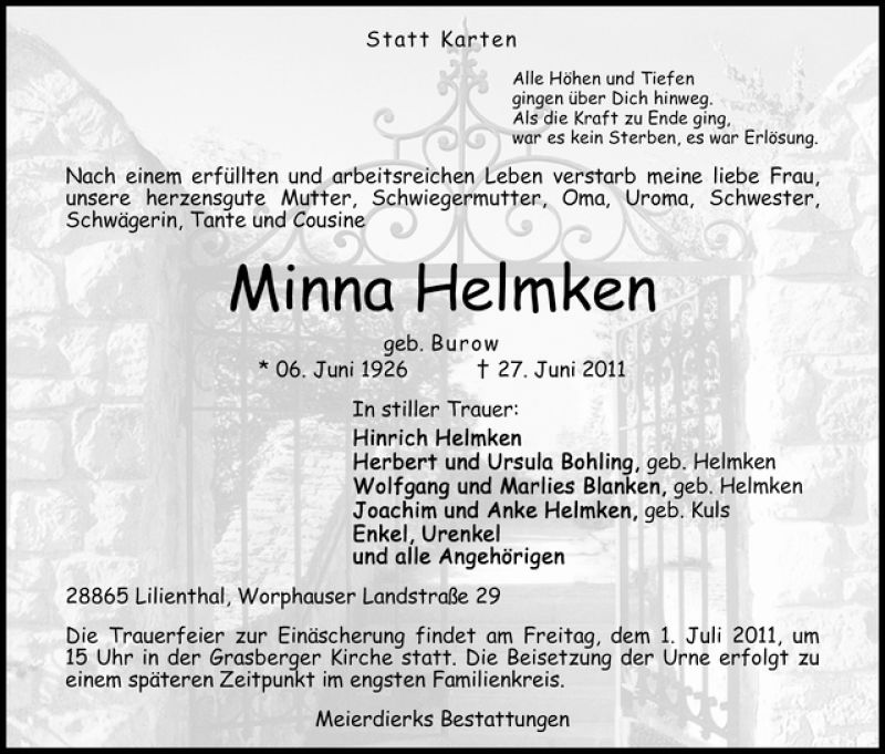 Traueranzeige von Minna Helmken von WESER-KURIER