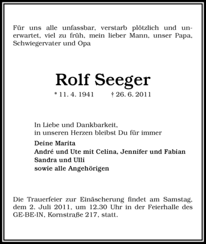 Traueranzeige von Rolf Seeger von WESER-KURIER