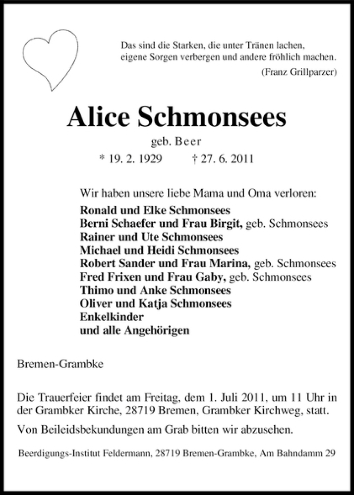 Traueranzeige von Alice Schmonsees von WESER-KURIER
