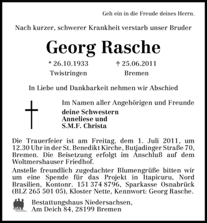 Traueranzeige von Georg Rasche von WESER-KURIER